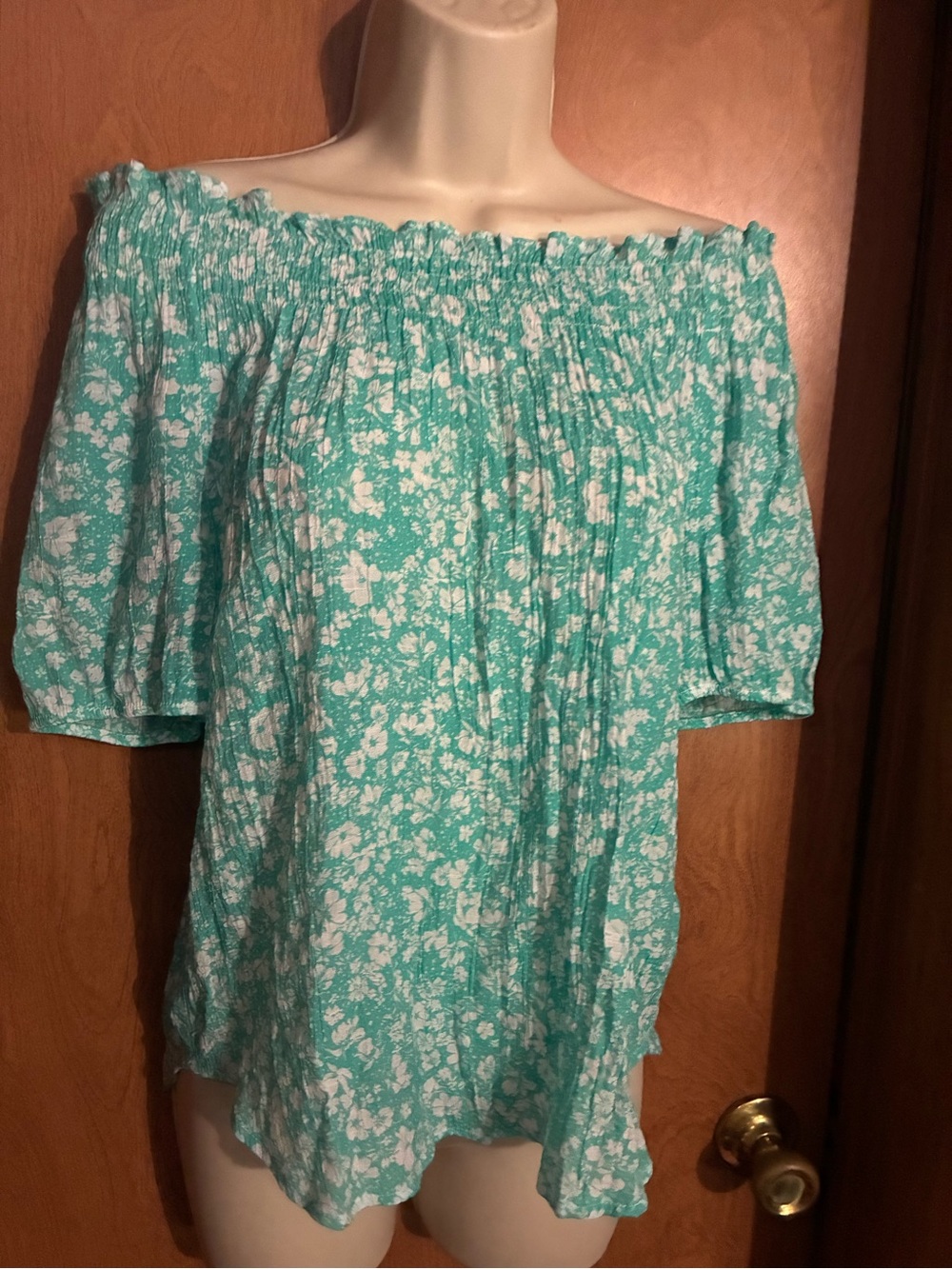 Off-Shoulder Floral Peasant Top - Aqua and White
